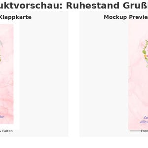 May include: A folded A4 greeting card with a pink background and floral wreath design. The card features the German text "Alles Gute zum Ruhestand" in a purple script, with additional text below. The front design is shown after folding.