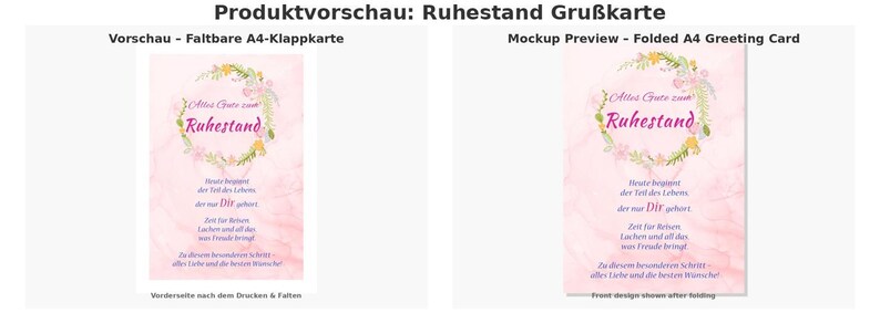 May include: A folded A4 greeting card with a pink background and floral wreath design. The card features the German text "Alles Gute zum Ruhestand" in a purple script, with additional text below. The front design is shown after folding.
