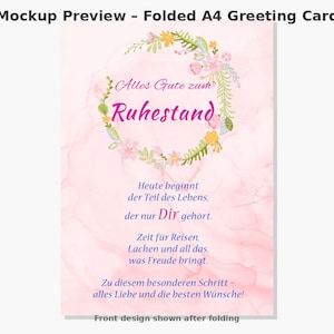 May include: A folded A4 greeting card with a pink marble background. The card features a floral wreath with text in German that reads "Alles Gute zum Ruhestand" and other text below. The front design is shown after folding.
