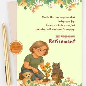 Carte de départ à la retraite avec chat et chien | Format A4 + 5x7 | Téléchargement instantané | Carte d'adieu numérique | Modèle modifiable | Cadeau pour collègue