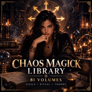 Op de afbeelding: Een digitale illustratie met de tekst CHAOS MAGICK LIBRARY 81 VOLUMES SIGILS RITUAL THEORY. De afbeelding toont een persoon met donker haar en gouden sieraden, omringd door stapels oude boeken, zwarte kaarsen en een gloeiend gouden symbool.