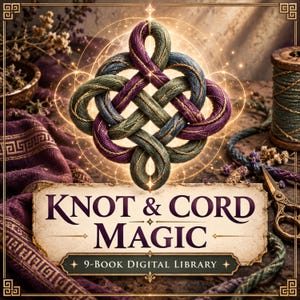 Può includere: Una copertina di prodotto digitale con un complesso nodo in stile celtico realizzato in corda viola e verde con fili dorati. Sotto il nodo, un'etichetta in stile pergamena mostra il testo KNOT & CORD MAGIC e 9-BOOK DIGITAL LIBRARY in scuro.