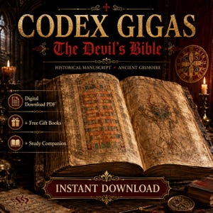 Puede incluir: Un manuscrito histórico abierto titulado Codex Gigas The Devil's Bible, que presenta un antiguo grimorio con una ilustración detallada de una figura con cuernos en la página derecha y un diagrama en cuadrícula a la izquierda, con texto de descarga.