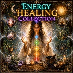 May include: A digital illustration titled ENERGY HEALING COLLECTION featuring a central figure in a meditative pose with glowing chakra points, surrounded by circular vignettes of crystals, herbs, a mortar and pestle, and celestial symbols.