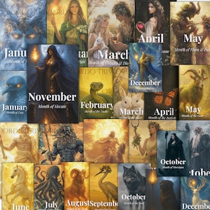 May include: A collection of fantasy art prints, each representing a month of the year. The artwork features mythical figures, animals, and symbols associated with each month. The prints include text such as "January", "February", "March", and "November".