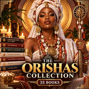Puede incluir: Una pila de siete libros titulada The Orishas Collection, con lomos etiquetados como Yoruba Religion, The Orishas, Ritual & Healing, Lucumí & Santería, Candomblé & Umbanda, Diaspora & Scholarship y Sacred Arts, junto a una figura que sostiene un báculo.