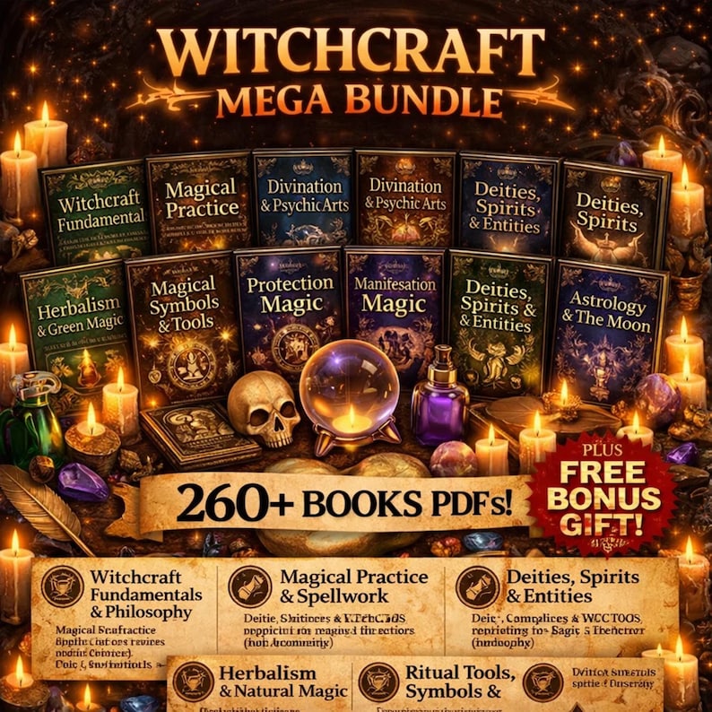 May include: A collection of books on witchcraft, magic, and spirituality. The image features multiple book titles, a crystal ball, candles, a skull, and the text "WITCHCRAFT MEGA BUNDLE" and "260+ BOOKS PDFs!"