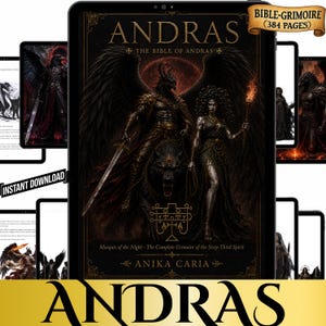 Könnte beinhalten: Ein digitales Buch mit dem Titel Andras: The Bible of Andras, 384 Seiten, mit einer dunklen Illustration einer geflügelten Figur mit Schwert und einem Fackelträger. Das Cover enthält den Text Marquis of the Night und Anika Caria.