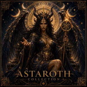 Puede incluir: Una figura de cabello oscuro con grandes alas negras y cuernos sentada en un trono, vistiendo un vestido ornamentado azul oscuro y dorado. Sostiene un bastón en llamas con un pentagrama. El texto ASTAROTH COLLECTION aparece abajo.