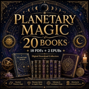 Op de afbeelding: Een digitale collectie getiteld Planetary Magic 20 Books, bestaande uit 18 PDF's en 2 EPUB's. De afbeelding toont donkerpaarse boekomslagen met gouden hemelse illustraties, een kaars, een armillarium en beschrijvende tekst.