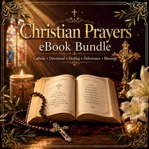 May include: An open book with printed prayers titled A Morning Offering and A Prayer of Trust, accompanied by a dark wooden rosary, a gold crucifix, a lit candle, and white lilies, under the text Christian Prayers eBook Bundle.