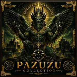 Puede incluir: Una criatura alada y cornuda de color verde oscuro con garras afiladas y barba, centrada en un marco dorado. Debajo de la figura, el texto dice PAZUZU COLLECTION en letras doradas, rodeado de símbolos circulares y una ciudad antigua.