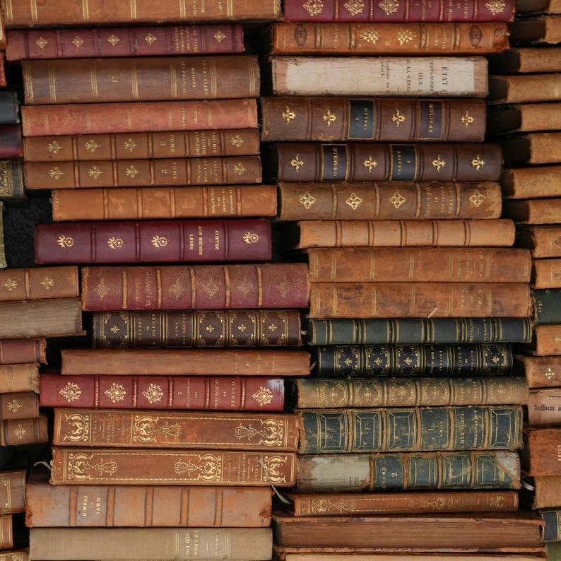 K&ouml;nnte beinhalten: Eine Sammlung antiker B&uuml;cher mit gealterten Lederumschl&auml;gen in verschiedenen Braun-, Rot- und Gr&uuml;nt&ouml;nen. Goldgepr&auml;gte Schriftz&uuml;ge und dekorative Elemente zieren die Buchr&uuml;cken. Die B&uuml;cher sind gestapelt und erzeugen eine strukturierte, Vintage-&Auml;sthetik.