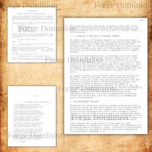 Puede incluir: Documentos de papel envejecido con texto, incluido el t&iacute;tulo "Forge Dominion". Los documentos parecen ser extractos de una obra m&aacute;s amplia, con secciones sobre "Stranger Danger" y "Law Enforcement Training".