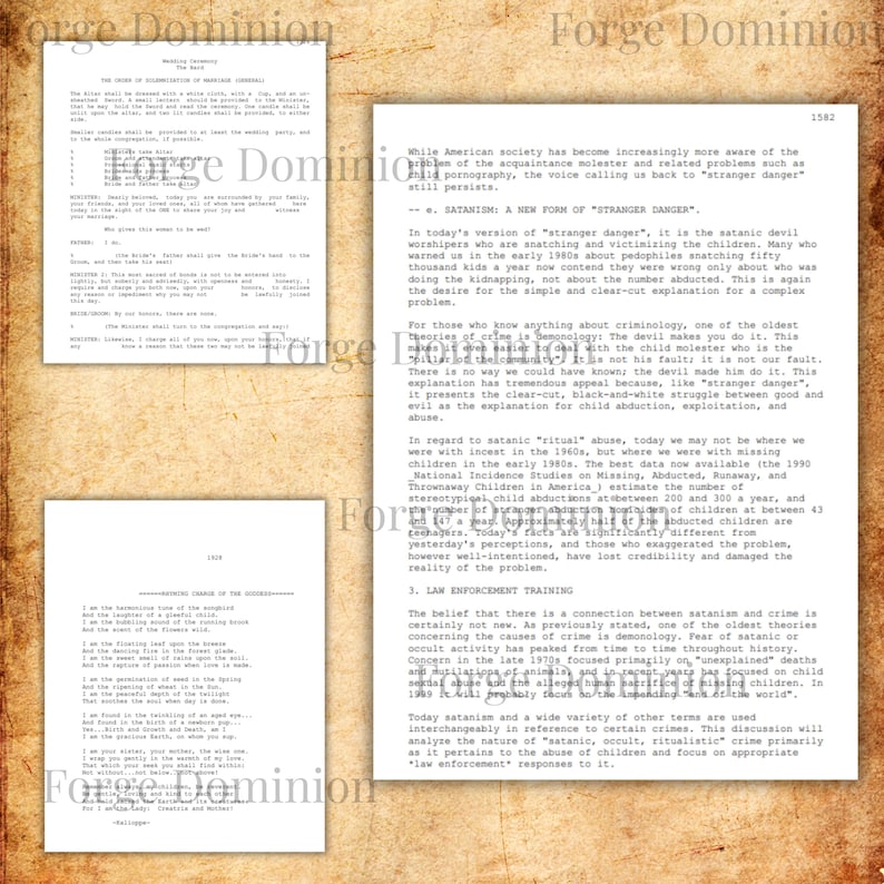 Puede incluir: Documentos de papel envejecido con texto, incluido el t&iacute;tulo "Forge Dominion". Los documentos parecen ser extractos de una obra m&aacute;s amplia, con secciones sobre "Stranger Danger" y "Law Enforcement Training".
