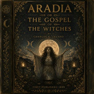 May include: A dark-themed book cover titled Aradia or The Gospel of the Witches by Charles G. Leland, first published 1899. The cover features a central figure with arms raised toward a full moon, flanked by two lit candles and floral borders.
