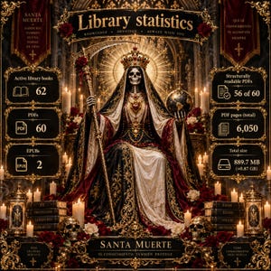 Pode incluir: Um gráfico digital com uma figura esquelética com coroa e vestes ornamentadas segurando uma foice e um globo. O texto diz Library statistics, Active library books 62, PDFs 60, EPUBs 2, Structurally readable PDFs 56 of 60, 6.050 páginas, 889,7 MB.