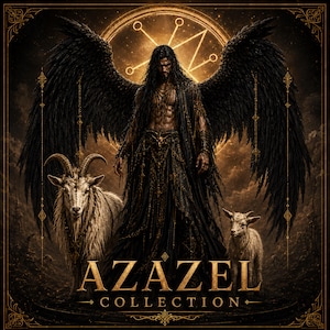 May include: A dark fantasy illustration featuring a central figure with large black wings, long dark hair, and ornate black robes. A large goat and a smaller goat stand on either side. The text AZAZEL COLLECTION is centred at the bottom in gold.