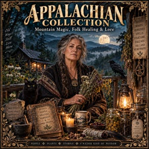 Puede incluir: Un libro titulado Appalachian Collection: Mountain Magic, Folk Healing & Lore con una persona sosteniendo hierbas secas, un gato negro, una linterna, frascos de vidrio, un mortero y una taza con un gráfico de montaña en una mesa.