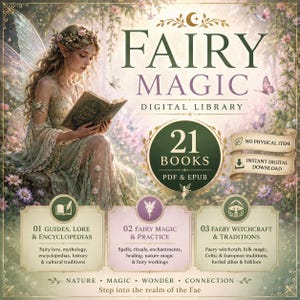 Puede incluir: Una biblioteca digital titulada Fairy Magic que contiene 21 libros en formatos PDF y EPUB. El gráfico muestra a un hada leyendo un libro, dividido en tres secciones: Guides, Lore & Encyclopedias, Fairy Magic & Practice y Faery Witchcraft & Traditions.