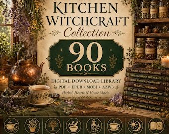 90 libri di stregoneria in cucina: Magia in cucina, Stregoneria erboristica, Stregoneria verde, Stregoneria della siepe, Stregoneria del focolare, Grimori pagani e Libro delle ombre