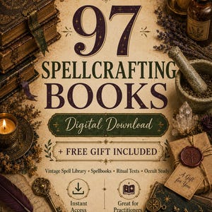 Peut inclure: Une collection numérique intitulée 97 Spellcrafting Books comprenant des textes de sorts anciens, des livres de rituels et des ouvrages d'étude occulte. L'image montre une clé, des bougies, des cristaux, un mortier et une étiquette cadeau.