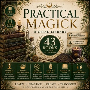 May include: A digital library collection titled Practical Magick featuring 43 books and an audio lecture series. The graphic includes icons for PDF and EPUB downloads, a stack of vintage-style books, a glass bottle, a candle, and a mortar and pestle.