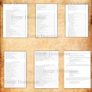 Puede incluir: Seis p&aacute;ginas de papel envejecido con texto impreso, dispuestas sobre un fondo marr&oacute;n texturizado. Las p&aacute;ginas presentan listas y tablas de contenido, con la marca de agua "Forge Dominion" visible.