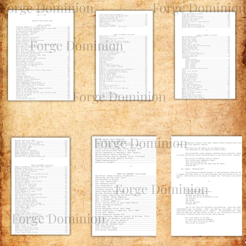 Puede incluir: Seis p&aacute;ginas de papel envejecido con texto impreso, dispuestas sobre un fondo marr&oacute;n texturizado. Las p&aacute;ginas presentan listas y tablas de contenido, con la marca de agua "Forge Dominion" visible.