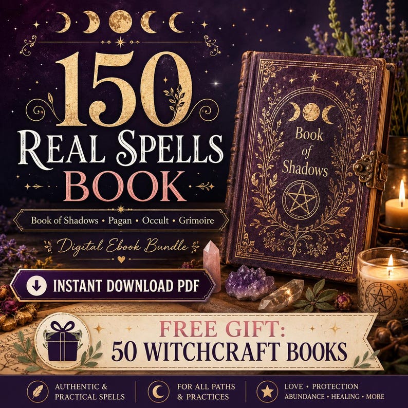 K&ouml;nnte beinhalten: Ein Bild von einem Buch mit dem Titel "150 Real Spells Book" mit dem Text "Book of Shadows" und "Digital Ebook Bundle". Das Bild enth&auml;lt auch ein Banner mit der Aufschrift "Free Gift: 50 Witchcraft Books". Das Buch ist lila mit goldenen Akzenten.