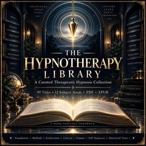 May include: A digital book collection titled The Hypnotherapy Library, featuring an open book with glowing pages, a gold pendulum, and shelves of books. Text includes 90 Titles, 12 Subject Areas, PDF + EPUB, and various therapeutic categories.