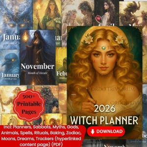 2026 Witch Planner | Hyperlinked Contents Page, Printable Monthly, Daily, Moon Phases, Sabbats, Astrology, Habit Tracker Financial Planner