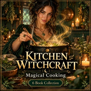 Puede incluir: Una portada de libro titulada Kitchen Witchcraft Magical Cooking 6 Book Collection que muestra a una persona con un vestido verde oscuro revolviendo un gran caldero negro con lunas doradas, rodeada de hierbas, velas y decoración de cocina rústica.