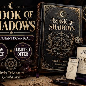 Puede incluir: Un Libro de las Sombras negro y dorado con el texto "BOOK OF SHADOWS" y "PDF INSTANT DOWNLOAD". Una tableta y un tel&eacute;fono muestran la portada del libro. El libro tiene un cierre de pentagrama.