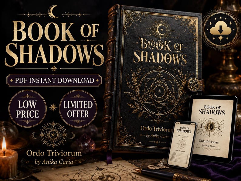 Puede incluir: Un Libro de las Sombras negro y dorado con el texto "BOOK OF SHADOWS" y "PDF INSTANT DOWNLOAD". Una tableta y un tel&eacute;fono muestran la portada del libro. El libro tiene un cierre de pentagrama.