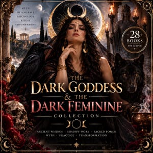Puede incluir: Una colección digital de 28 libros titulada The Dark Goddess & The Dark Feminine, con una ilustración de una mujer con corona, un cuervo negro, un lobo, una calavera y flores rojas. El texto incluye Myth, Witchcraft, Psychology, Ritual, Empowerment, Ancient Wisdom, Shadow Work, Sacred Power, Myth, Practice y Transformation.