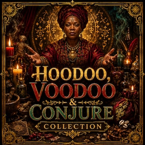 May include: A dark, ornate graphic featuring a person in a headwrap and layered necklaces with hands outstretched. The text reads HOODOO, VOODOO & CONJURE COLLECTION. Surrounded by candles, glass bottles, a small doll, and mystical symbols in gold.