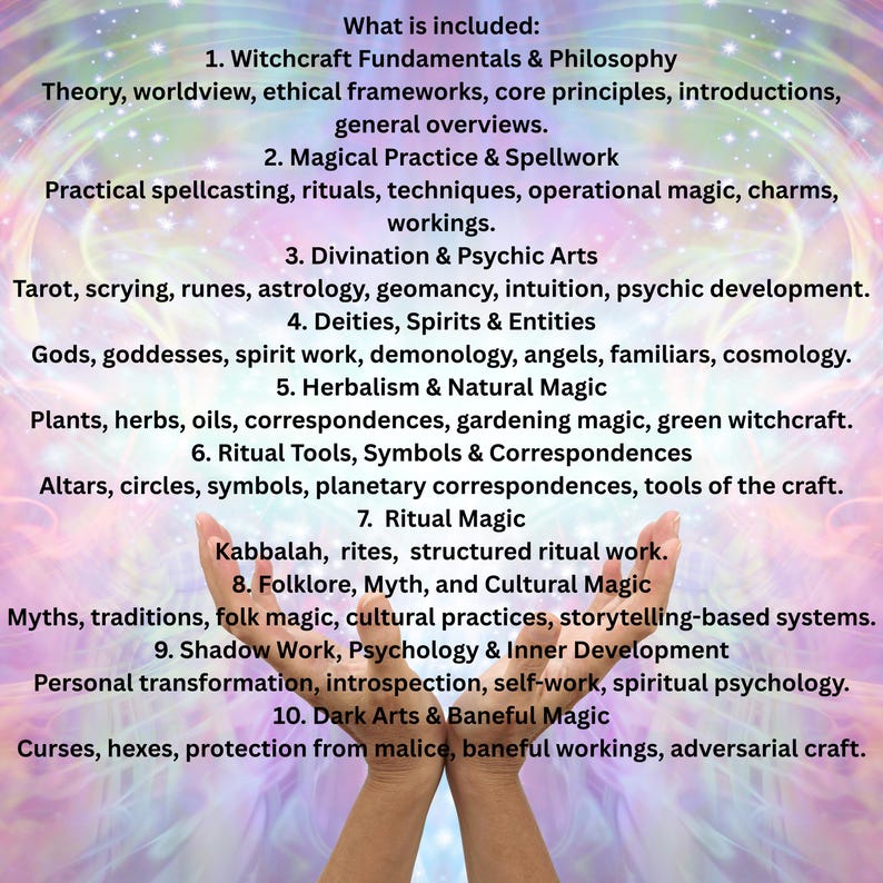 May include: Image with text listing topics including Witchcraft Fundamentals, Magical Practice, Divination, Deities, Herbalism, Ritual Tools, Ritual Magic, Folklore, Shadow Work, and Dark Arts. The text is set against a colorful, ethereal background.