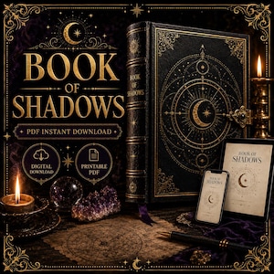 May include: A digital Book of Shadows featuring a black cover with gold celestial designs, a crescent moon, and stars. The set includes a printable PDF, a smartphone, and a tablet displaying the title, alongside a candle, crystal, and pen.