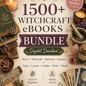 Peut inclure: Publicité pour un lot de téléchargement numérique de plus de 1500 eBooks sur la sorcellerie. L'image présente une pile de livres, des bougies, des cartes de tarot, des cristaux et des herbes. Le texte comprend "Wicca", "Tarot" et "Idéal pour les débutants".