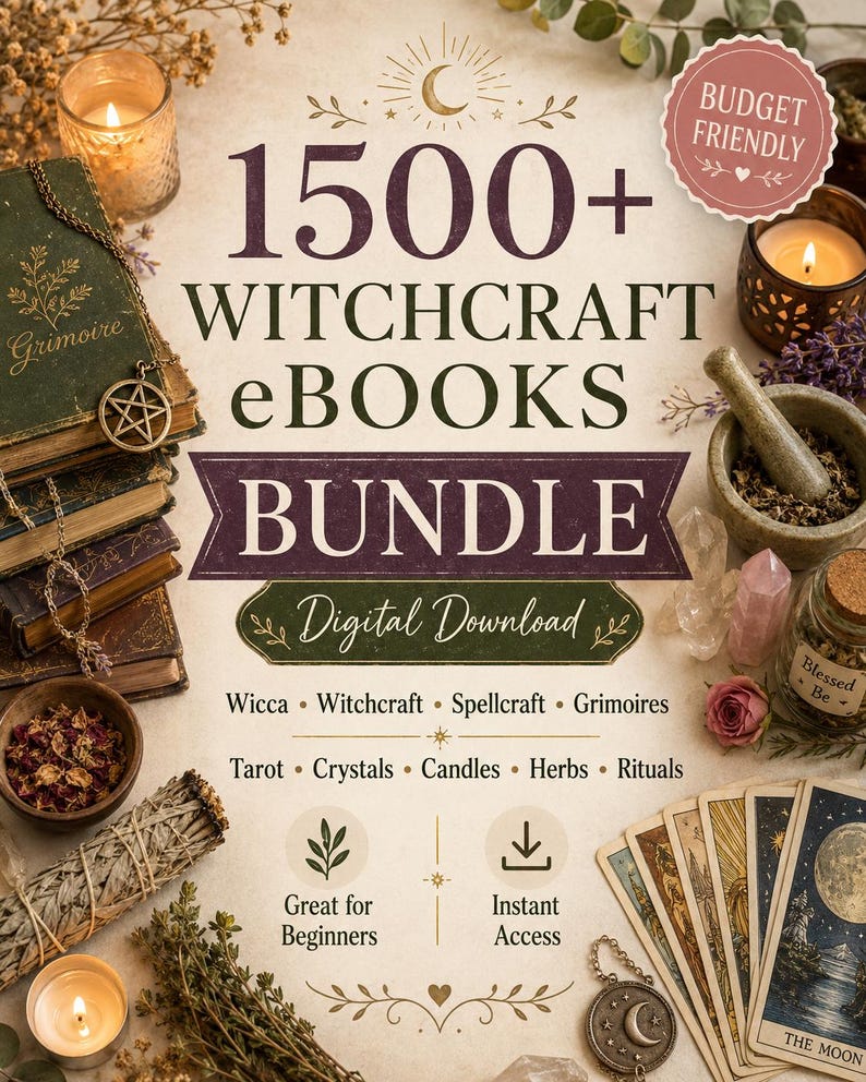 Op de afbeelding: Advertentie voor een digitale downloadbundel van 1500+ Witchcraft eBooks. De afbeelding toont een stapel boeken, kaarsen, tarotkaarten, kristallen en kruiden. Tekst bevat "Wicca", "Tarot" en "Geweldig voor beginners".