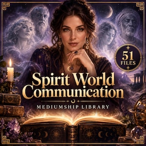 May include: A digital graphic featuring a central figure with dark hair, surrounded by ethereal portraits of people, a lit candle on a stack of books, crystals, and an open book. The text reads Spirit World Communication Mediumship Library 51 Files.
