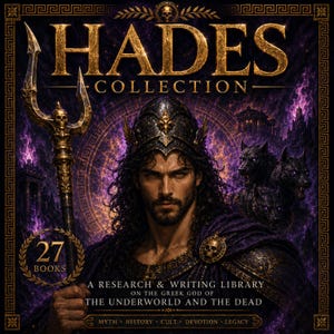 Puede incluir: Una portada de colección de libros titulada HADES COLLECTION con una figura de cabello oscuro con armadura ornamentada y corona, sosteniendo un tridente. El fondo muestra un perro de tres cabezas y llamas púrpuras. El texto incluye 27 BOOKS y A RESEARCH & WRITING LIBRARY ON THE GREEK GOD OF THE UNDERWORLD AND THE DEAD.