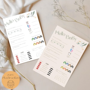 Tarjeta para rellenar con temas de baby shower, juego para bebés, tarjeta de deseos, tarjeta con consejos para el nacimiento, Hola bebé, futura mamá, juego de adivinanzas, baby shower, descarga digital para imprimir
