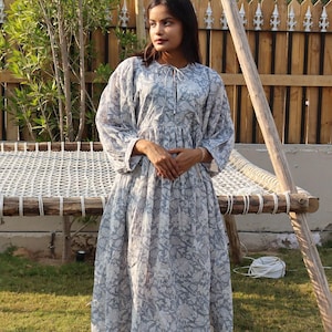Floral Long Block Print Dress, Deep Neck with string closer ,Midi Dress, Mini Dress