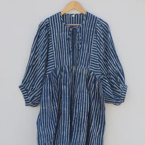 Midi Dress, Mini Dress, Striped Blue Indigo Long Block Print Dress, Deep Neck with string closer