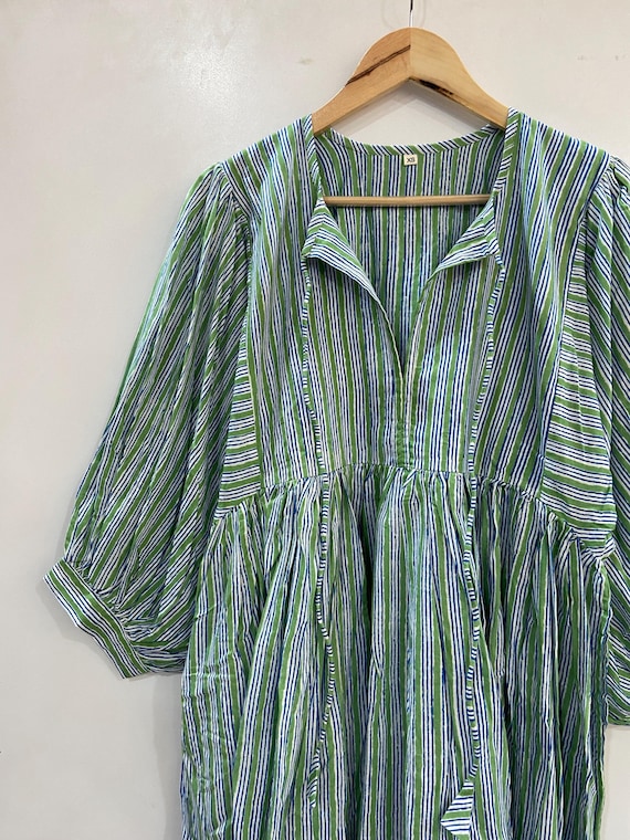 Striped Cotton Gauze Block Print Dress - Deep Neck Midi Dress