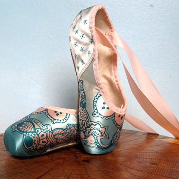 Mehndi Pointe Shoes, Teal and Pink, Hand Dyed