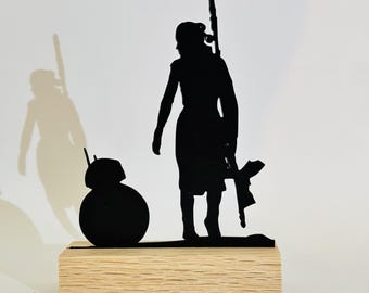Rey & BB-8 Silhouette | Minimalist Sculpture on Wooden Base | Star Wars Decoration | Original Gift | French Craftsmanship