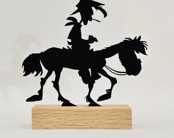 Lucky Luke & Jolly Jumper Silhouette | Sculpture on a Wooden Base | Comic Book Decoration | Original Gift | French Craftsmanship